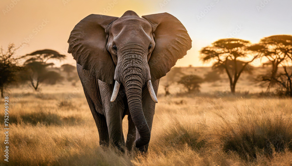 Obraz premium An intimate moment captured up-close with an African elephant in the golden savannah at sunset