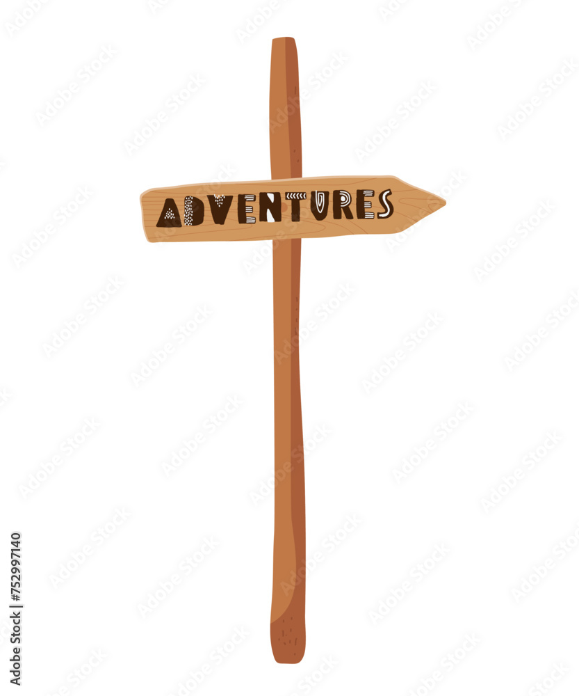 Adventures signpost. Wooden plank signboard with inscription. Arrow pointer. Direction Wooden Arrow Rustic Road Sign Design Element. Flat vector illustration isolated on white background. Arrow Guide. Adventures signpost. Wooden plank signboard with inscription. Arrow pointer. Direction Wooden Arrow Rustic Road Sign Design Element. Flat vector illustration isolated on white background. Arrow Guide.