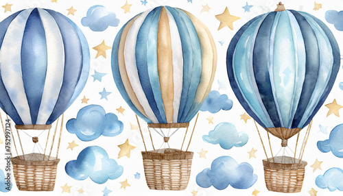 Baby shower invitation elements - hot air balloon basket, air ballons, clouds, moon, stars. Announcement, birthday party, newborn event. Watercolor clipart drawing, template, print, poster, pattern