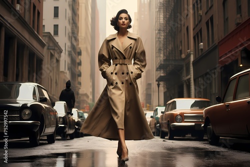 Adorned in a chic trench coat and heels, the model's confident stride exudes sophistication against a backdrop of bustling city streets and towering skyscrapers. photo