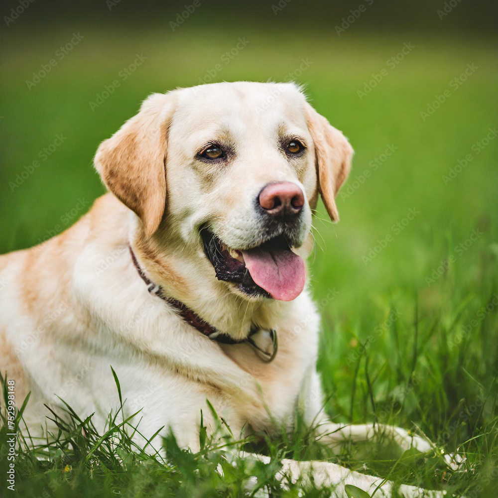 Cute dog lying in grass on summer meadow. Portrait of happy labrador retriever during summer day..