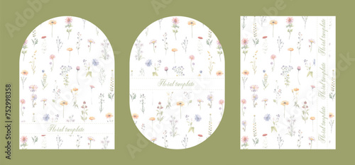 Wedding Arch Invitation template with watercolor wild herbs and flowers.
