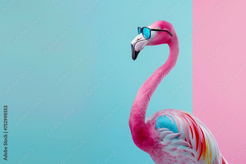 Fototapeta premium Flamingo with Stylish Blue Glasses on Dual-Tone Background