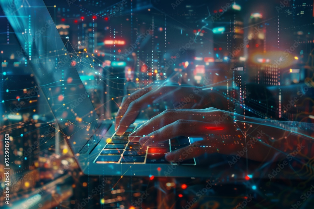 Hands typing on laptop keyboard with futuristic cityscape and network overlay.