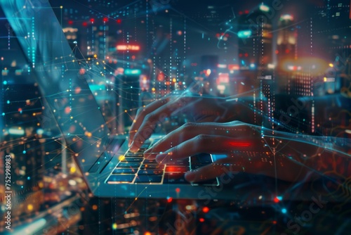 Hands typing on laptop keyboard with futuristic cityscape and network overlay.