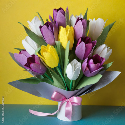 Handmade beautiful bouquet of paper tulips on a yellow background