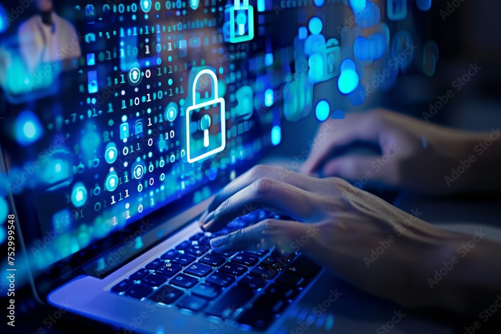 Cybersecurity concept with hands on laptop and digital lock graphics. Cybersecurity concept with hands on laptop and digital lock graphics.