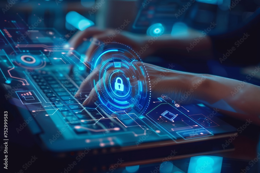 Cybersecurity concept with hands on laptop and digital lock graphics. Cybersecurity concept with hands on laptop and digital lock graphics.