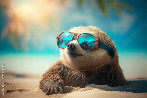 Portrait of a Sloth in sunglasses on the background of a tropical beach