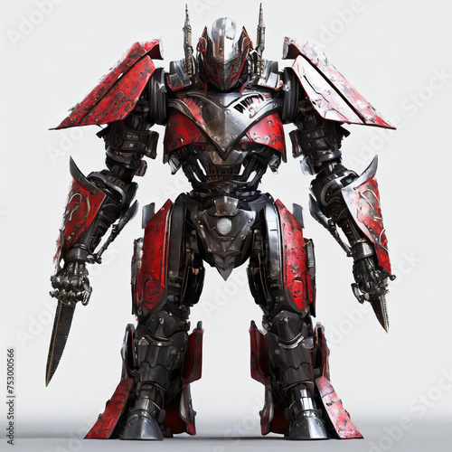 Science-fiction mech samurai warrior with black and red scratched armor metal. Concept art of a big futuristic robot with heavy armor. Front view. 3d render isolated