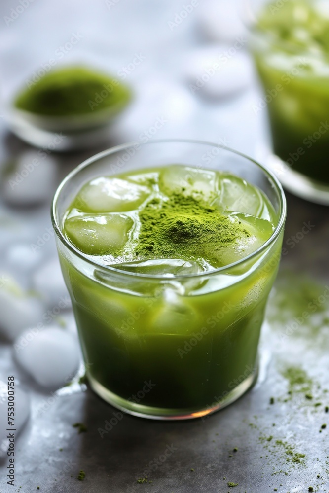 Glasses of matcha margaritas with salted rims, lime wedges, and matcha powder Glasses of matcha margaritas with salted rims, lime wedges, and matcha powder
