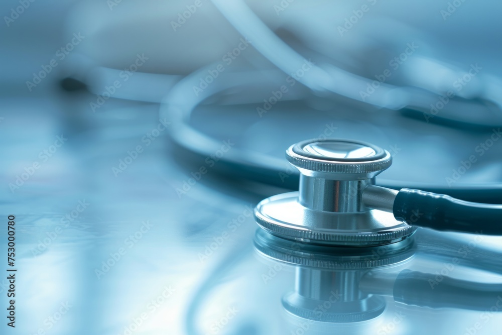 Close-up of a stethoscope on a reflective surface with a soft, blue-toned background. Close-up of a stethoscope on a reflective surface with a soft, blue-toned background.