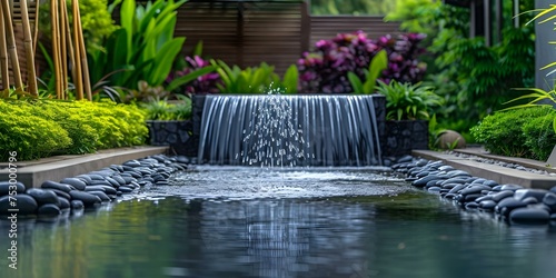 Enhancing a residential backyard oasis with a modern water feature. Concept Backyard Oasis, Modern Water Feature, Residential Landscaping, Outdoor Design, Relaxing Environment