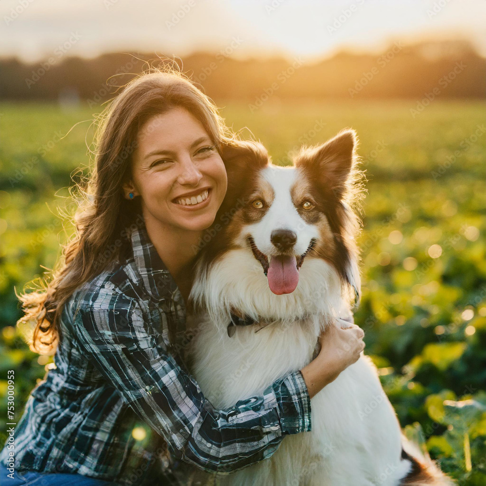 Woman hugging her dog at the field at sunset Woman hugging her dog at the field at sunset