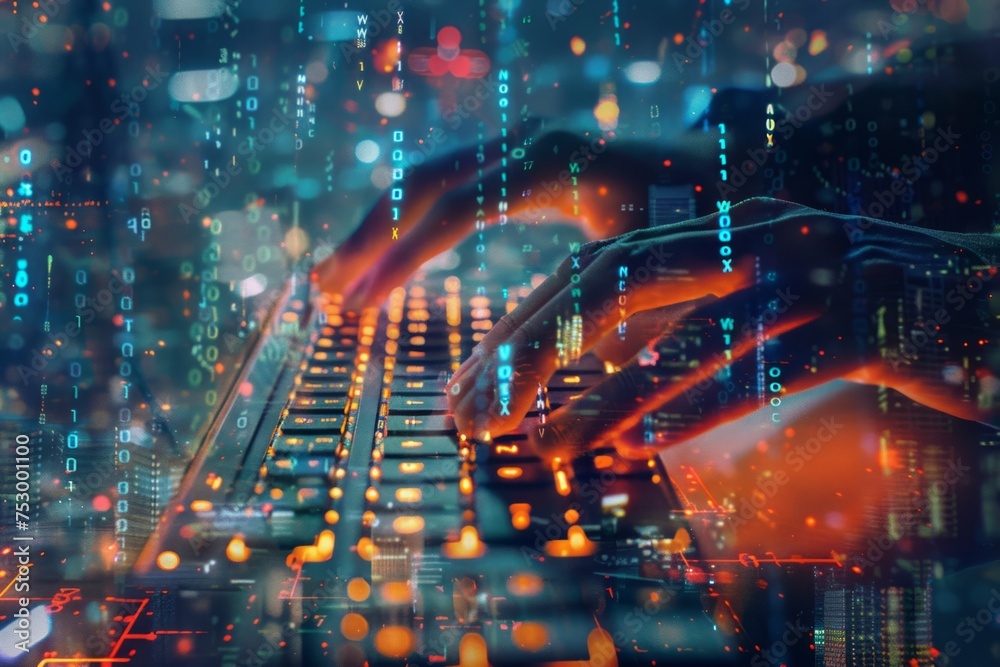 Double exposure of hands typing on a keyboard with code and city lights in the background. Double exposure of hands typing on a keyboard with code and city lights in the background.