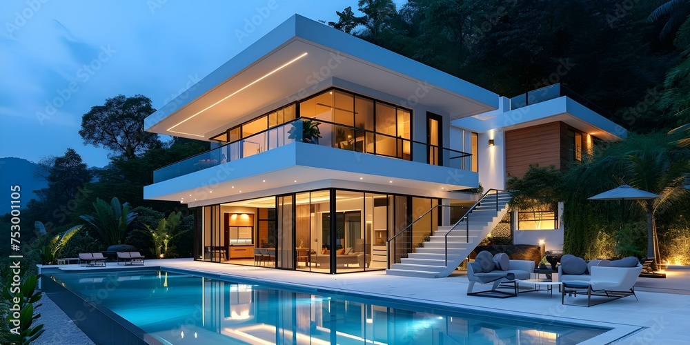 Contemporary villa boasting sleek design and a tranquil pool captured outside. Concept Luxury Villa, Contemporary Design, Tranquil Pool, Outdoor Photography