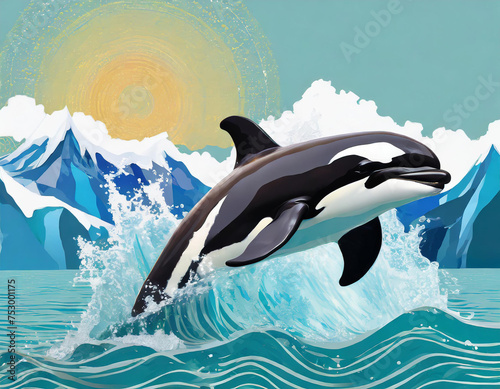 World Oceans Day Save Environment Concept, orca wales jumping out of sea surface, Global warming and preserving life on Earth, The glacier melting and endangering the wildlife