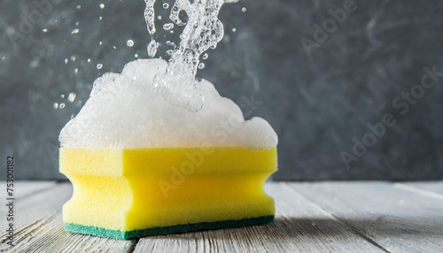 Yellow sponge with foam on grey background photo