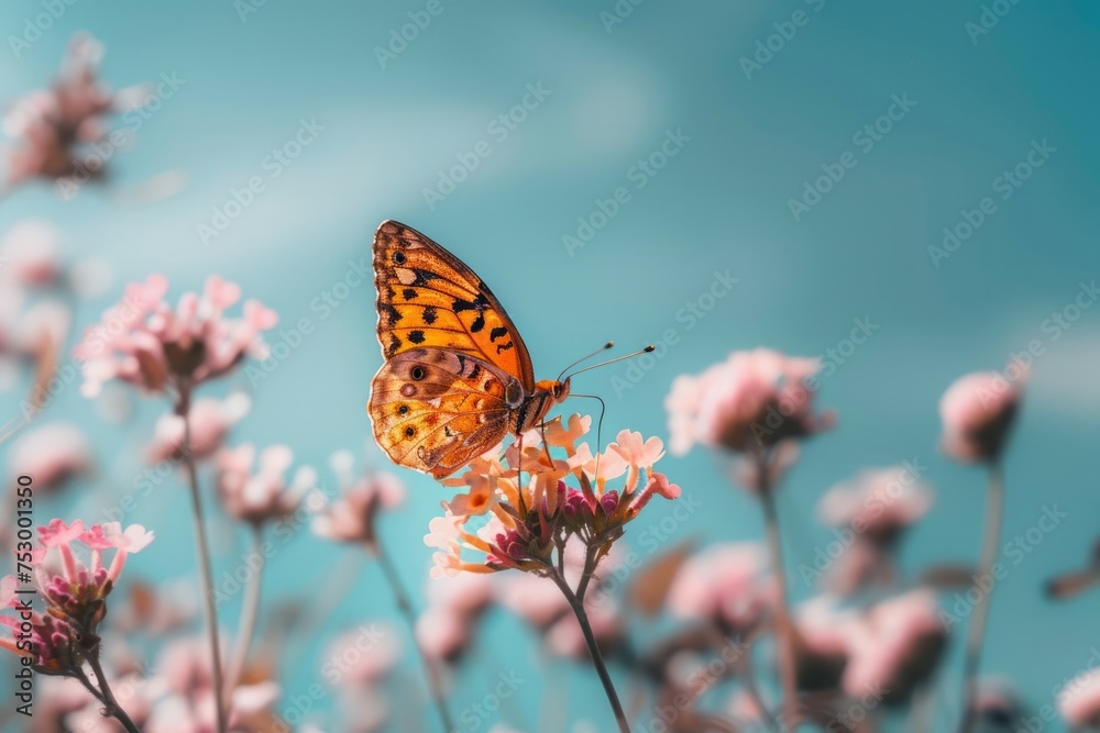 Fototapeta premium Butterfly perched on a flower against a bright sky.