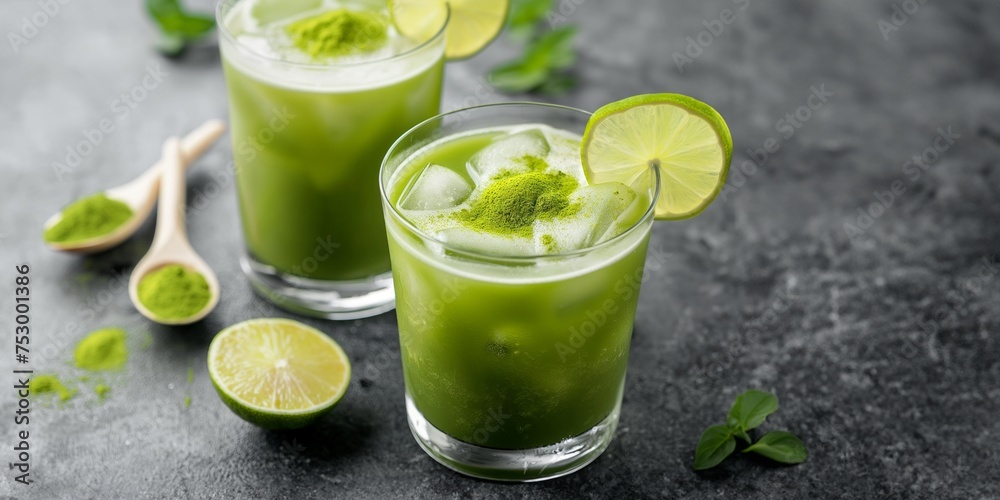 Fototapeta premium Glasses of matcha margaritas with salted rims, lime wedges, and matcha powder