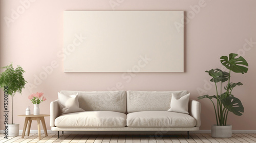A cozy and inviting living room with a blank white empty frame  capturing the warmth and comfort of a plush sofa and soft  pastel color tones.