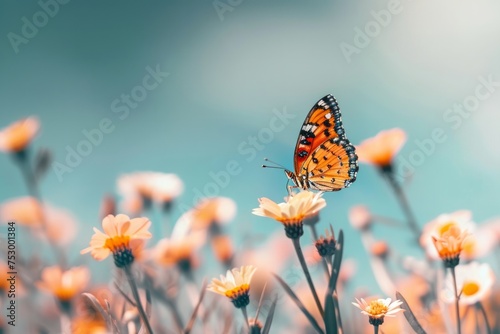 Butterfly perched on a flower against a bright sky.