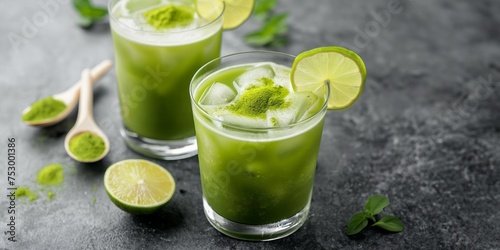 Glasses of matcha margaritas with salted rims, lime wedges, and matcha powder