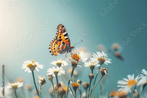 Butterfly perched on a flower against a bright sky.