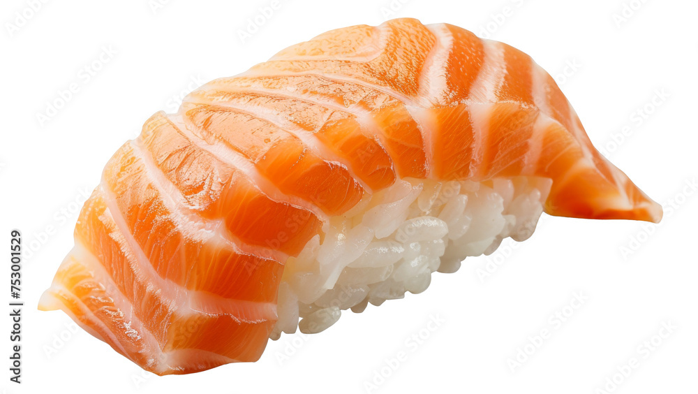 Fresh salmon sushi nigiri, traditional Japanese culinary delicacy on transparent background - stock png. Fresh salmon sushi nigiri, traditional Japanese culinary delicacy on transparent background - stock png.