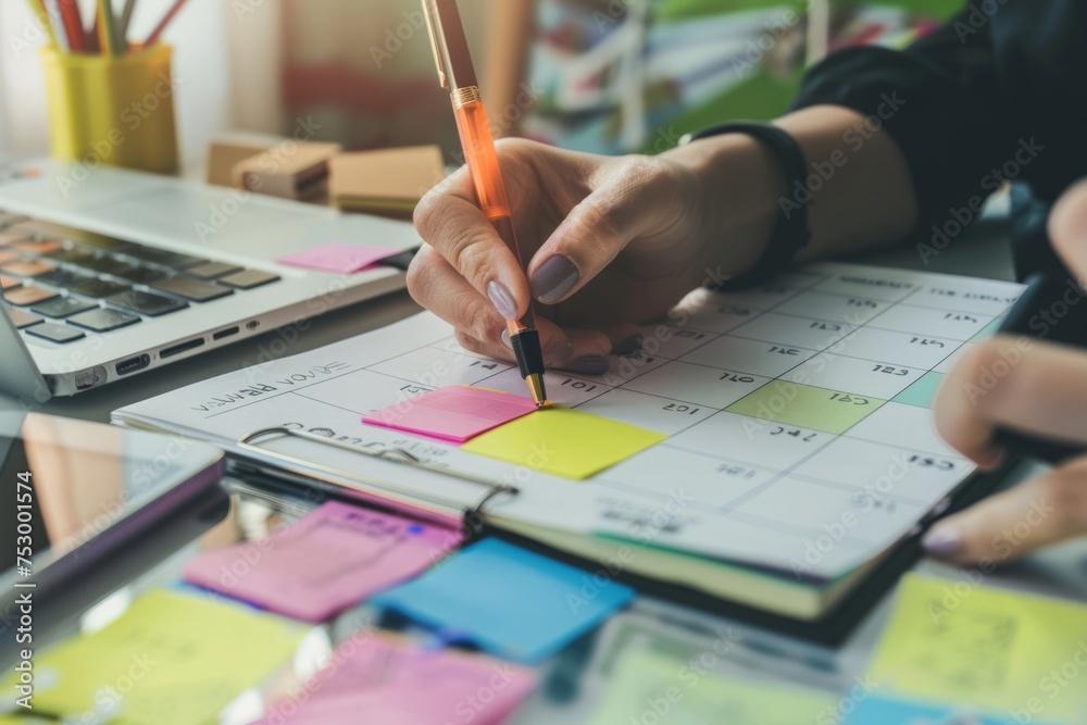 Person marking a calendar with a pen, with sticky notes and a smartphone in hand. Person marking a calendar with a pen, with sticky notes and a smartphone in hand.
