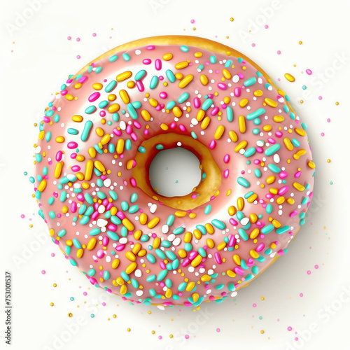Pink donut decorated with colorful sprinkles isolated on white background, Generative AI