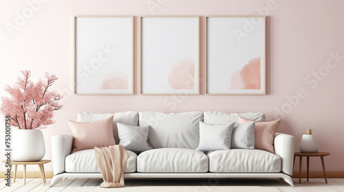 A cozy and inviting living room with a blank white empty frame, capturing the warmth and comfort of a plush sofa and soft, pastel color tones.
