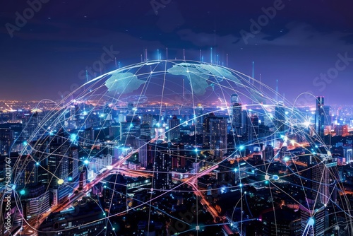 Digital composite image of a global network over a cityscape. © ParinApril
