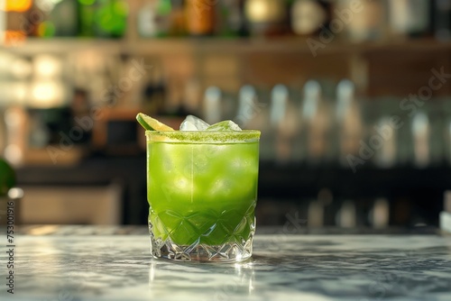 Matcha margarita with ice and rimmed with matcha powder on a bar counter photo