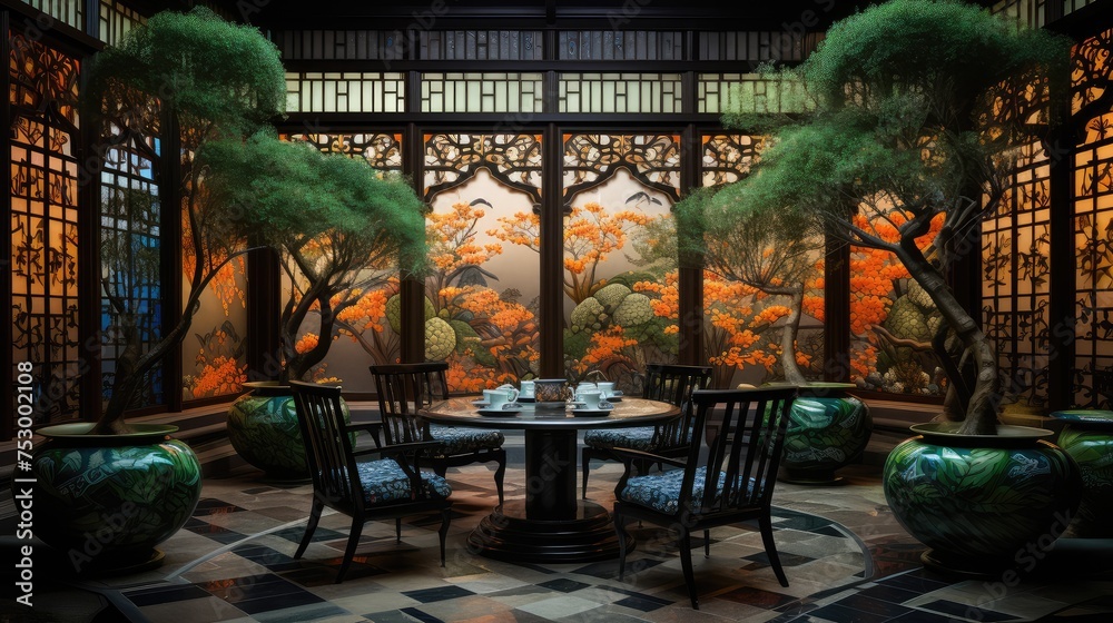 Serene Asian-style Dining Room with Nature View