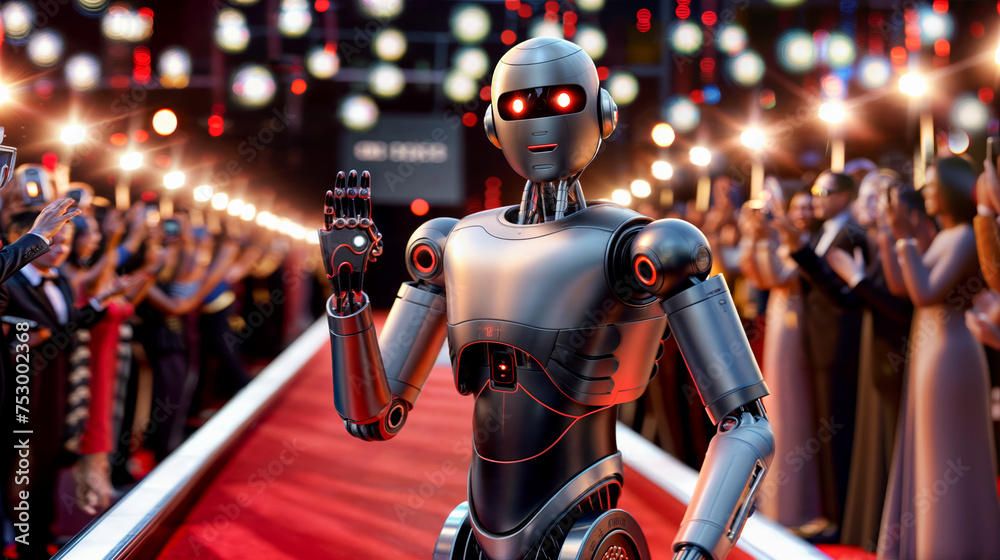 Futuristic AI robot celebrity walking down red carpet, surrounded by photographers and fans, spotlighted under dazzling lights.
