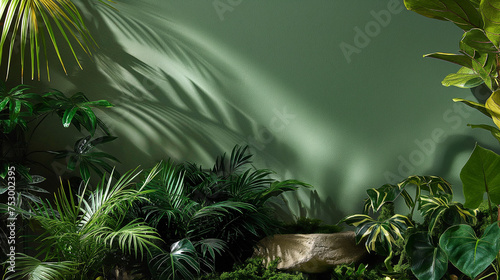 jungle interior set green wall with plants  in the style of contrasting shadows  commercial imagery  immersive environments  leica r3  crystalline and geological forms  minimalist textiles