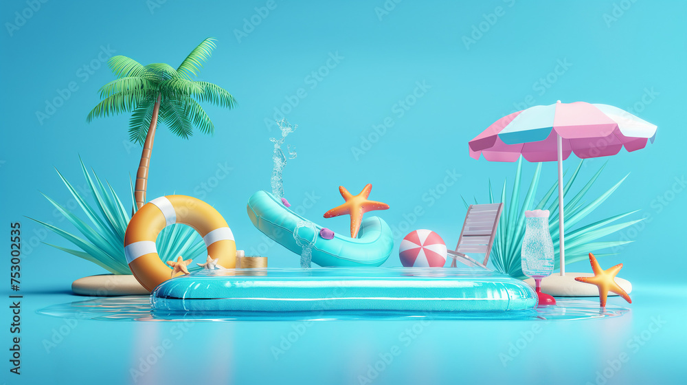 © pisan thailand - 3d refreshing summer sale template. Composition of blue glass board with cute beach object and swimming pool. Concept of island vacation.