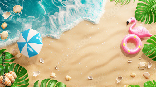 Summer sale promotion banner. Top view of sunny beach side with ocean wave, flamingo inflatable ring, seashells, parasol and tropical leaves on sand.