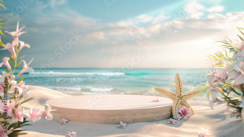 Summer travel poster banner display podium with sand and summer beach scene design background