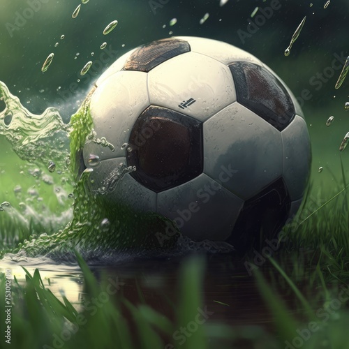 Dynamic soccer ball making a splash on wet grass field