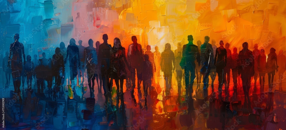 Painting of many people in abstract colors