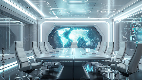 Futuristic meeting room with a holographic silver wall and interactive touch-sensitive surfaces.