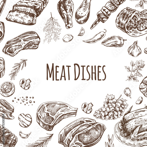 Meat and vegetables menu template in engraved vintage style. Hand-drawn sketches of barbecue meat pieces with herbs and seasonings. Background for meat restaurant...
