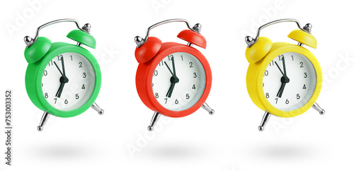 Set of floating alarm clocks isolated on white background