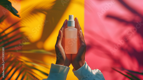 photography of skincare product blank in hands on color background