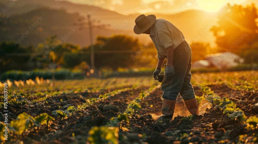 Fototapeta premium A man farmer, wearing a hat, working in a field, with small plants emerging from the soil, during sunset