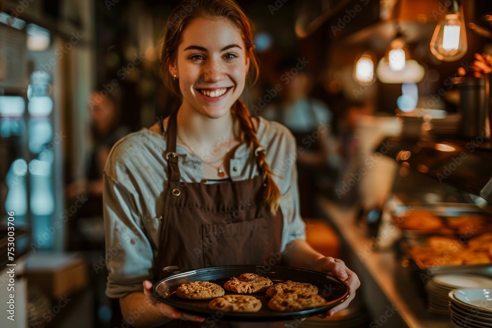 A cheerful waitress presents a tray of delicious cookies inside a cozy café setting A cheerful waitress presents a tray of delicious cookies inside a cozy café setting