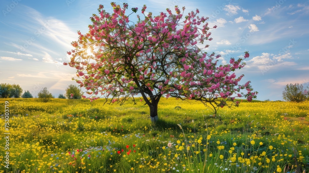 A serene and picturesque landscape featuring a blossoming tree amidst a field of colorful flowers, under the bright sky. Spring mockup concept.