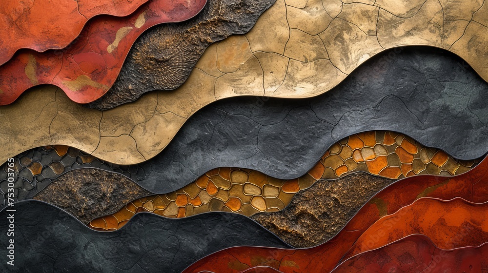 An abstract organic background with multiple carved out layers of different textures and earthy colors, arranged in a wavy pattern